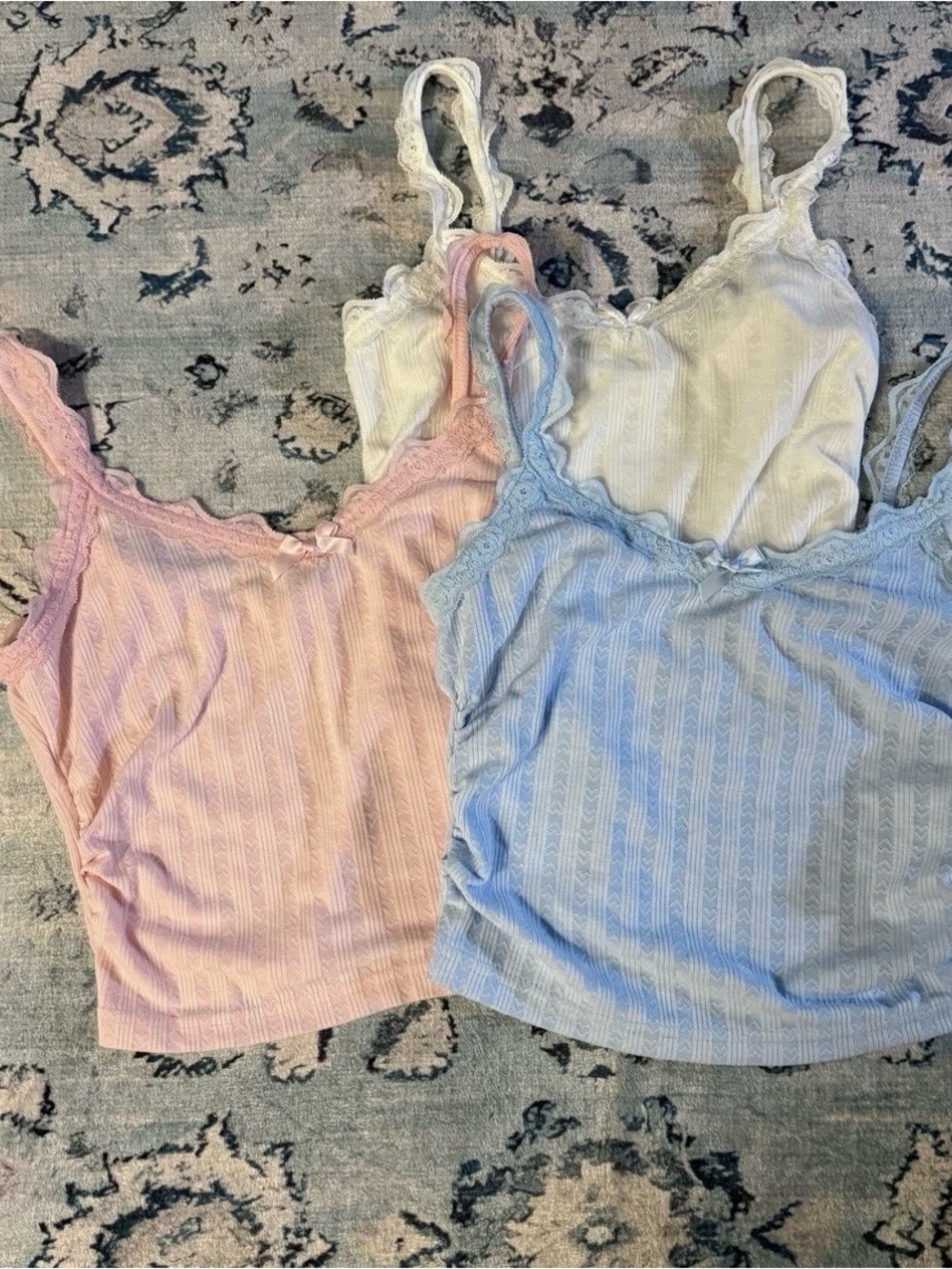 Ribbed Lace-Trim Camisoles with Bow - Pastel White, Pink & Light Blue